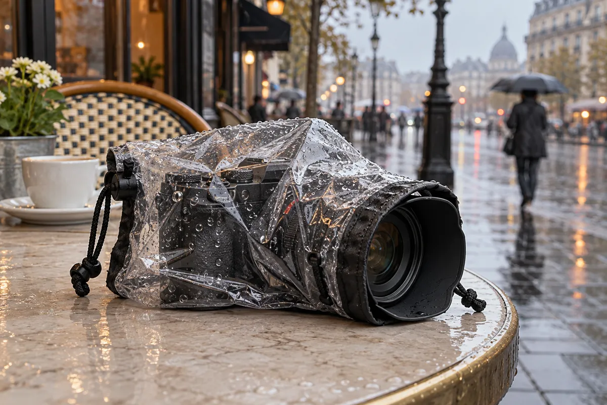 AI illustration of camera protected by a rain sleeve