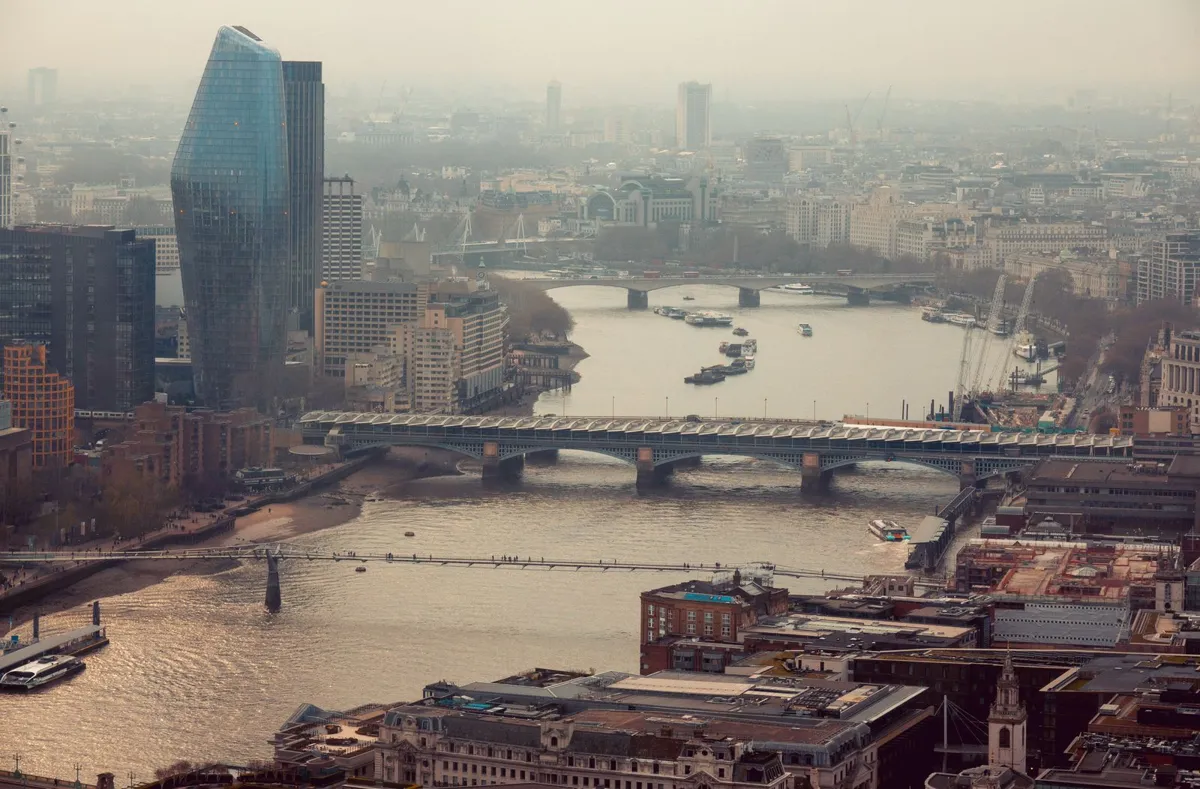London neighborhoods and the River Thames seen from above
