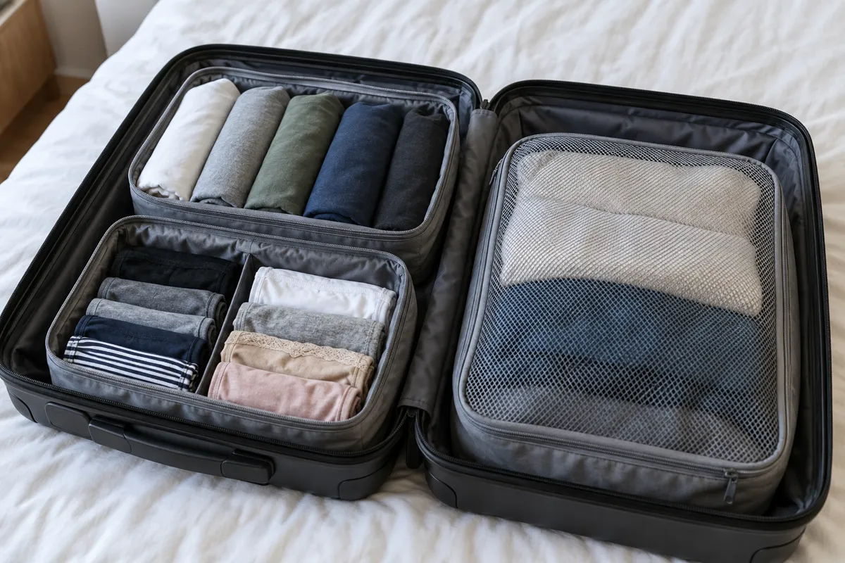 AI illustration of soft clothing packing cubes inside a suitcase