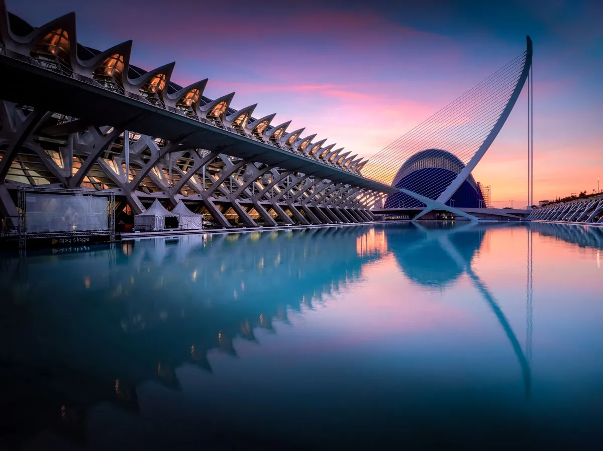 Valencia City of Arts and Sciences reflected at sunset