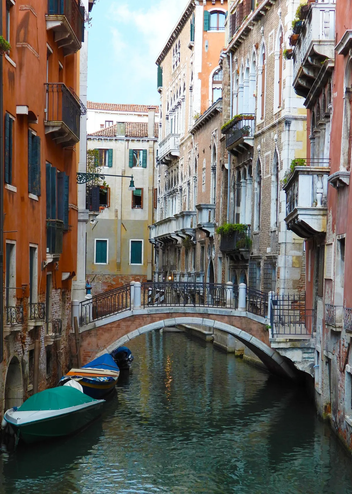 Venetian canal and gondolas beside a bridge