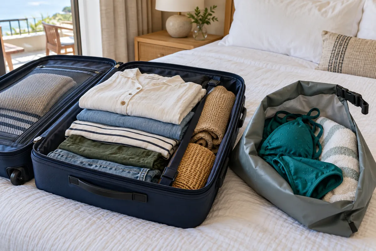 AI illustration of damp clothing separated from dry items in luggage